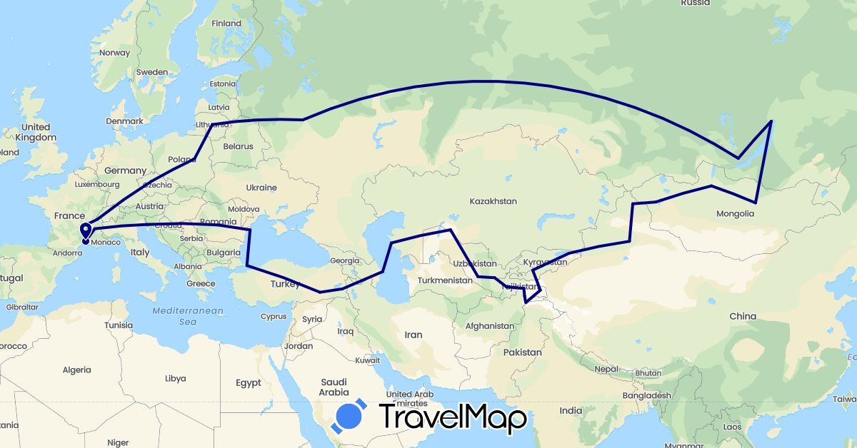 TravelMap itinerary: driving in Azerbaijan, Switzerland, China, Czech Republic, France, Italy, Kyrgyzstan, Kazakhstan, Lithuania, Mongolia, Poland, Romania, Russia, Tajikistan, Turkey, Uzbekistan (Asia, Europe)